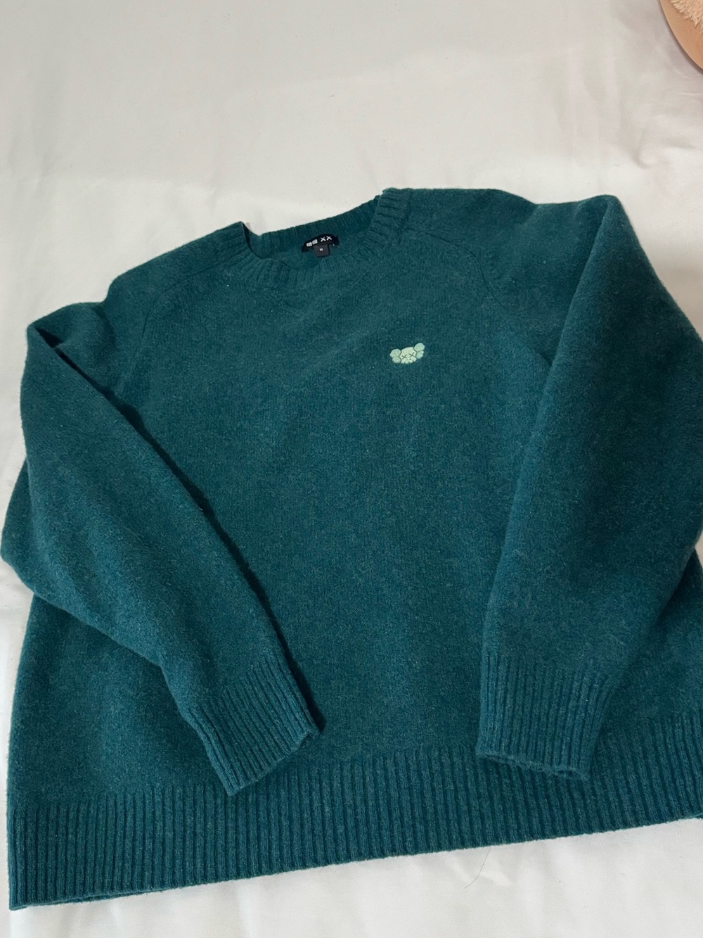 Uniqlo x KAWS Men's Crewneck Sweater in Deep Teal with Light Green Logo